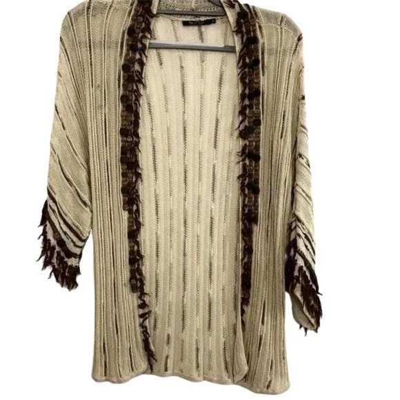 Nie + Zoe Large Khaki Cardigan Sweater Fringe Bohemian Style - Picture 1 of 10